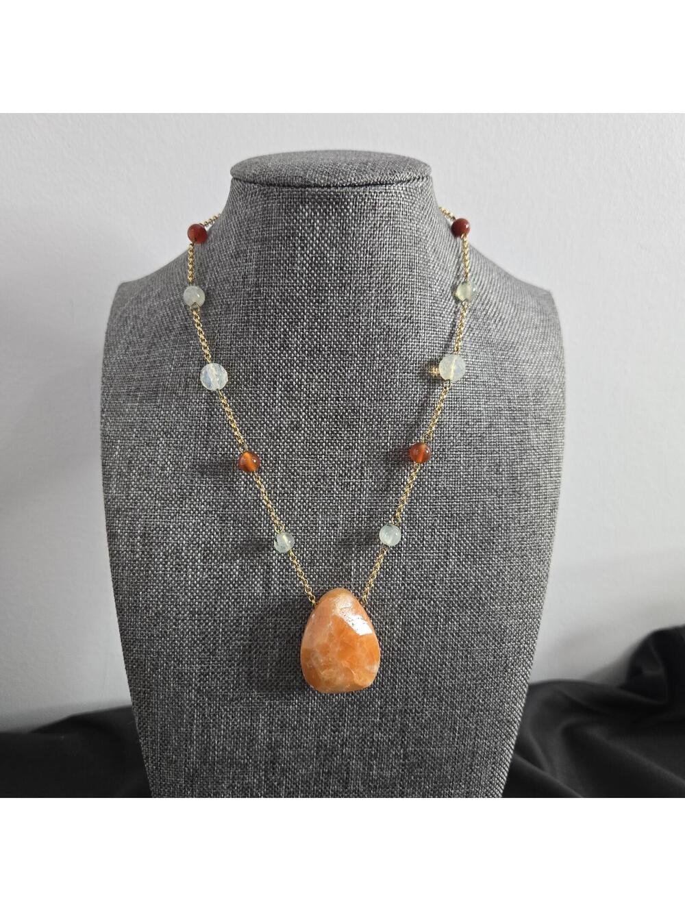 Vintage Sterling Silver Orange Calcite Carnelian & Prehnite Station Necklace 925